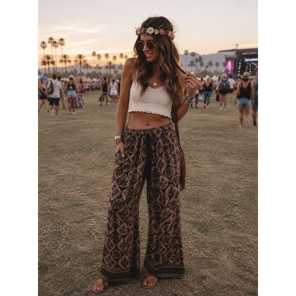 Chelsea & Theodore Large Palazzo Pants Geometric Tassel Wide Leg Boho #1205